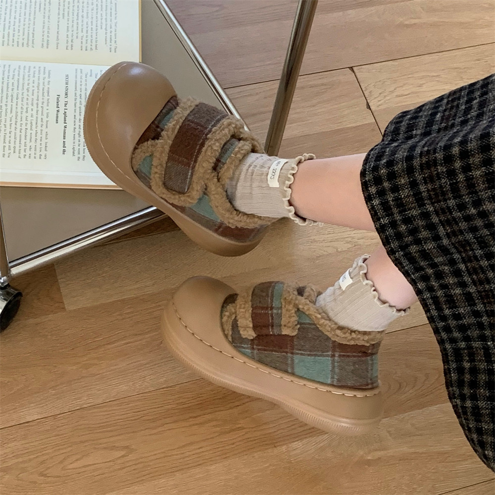 细细条 小众撞色格子魔术贴毛毛鞋女亲子防滑厚底冬季面包鞋棉鞋,淘宝优惠券,粉丝福利购,淘宝优惠卷