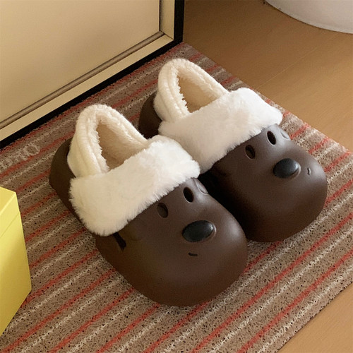 细细条 厚底外穿防滑可爱小狗加绒洞洞鞋女冬保暖防水防污棉拖鞋 - 图3