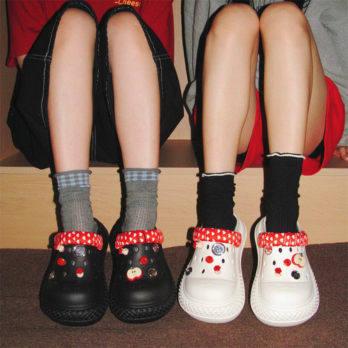 细细条 时尚diy苹果番茄洞洞鞋女2025夏季新款厚底防滑沙滩凉拖鞋 - 图0