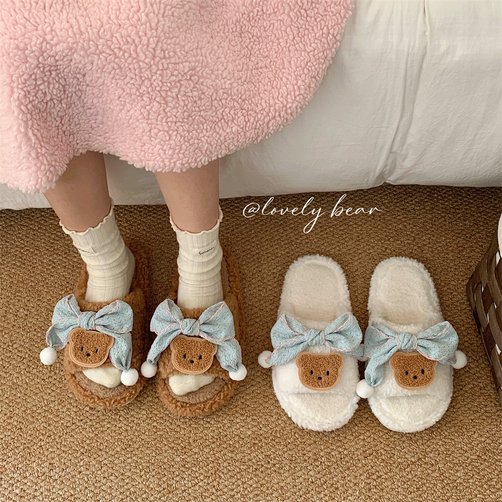 细细条 软萌小熊一字棉拖鞋学生休闲家居秋冬季蝴蝶结毛毛拖鞋女 - 图1