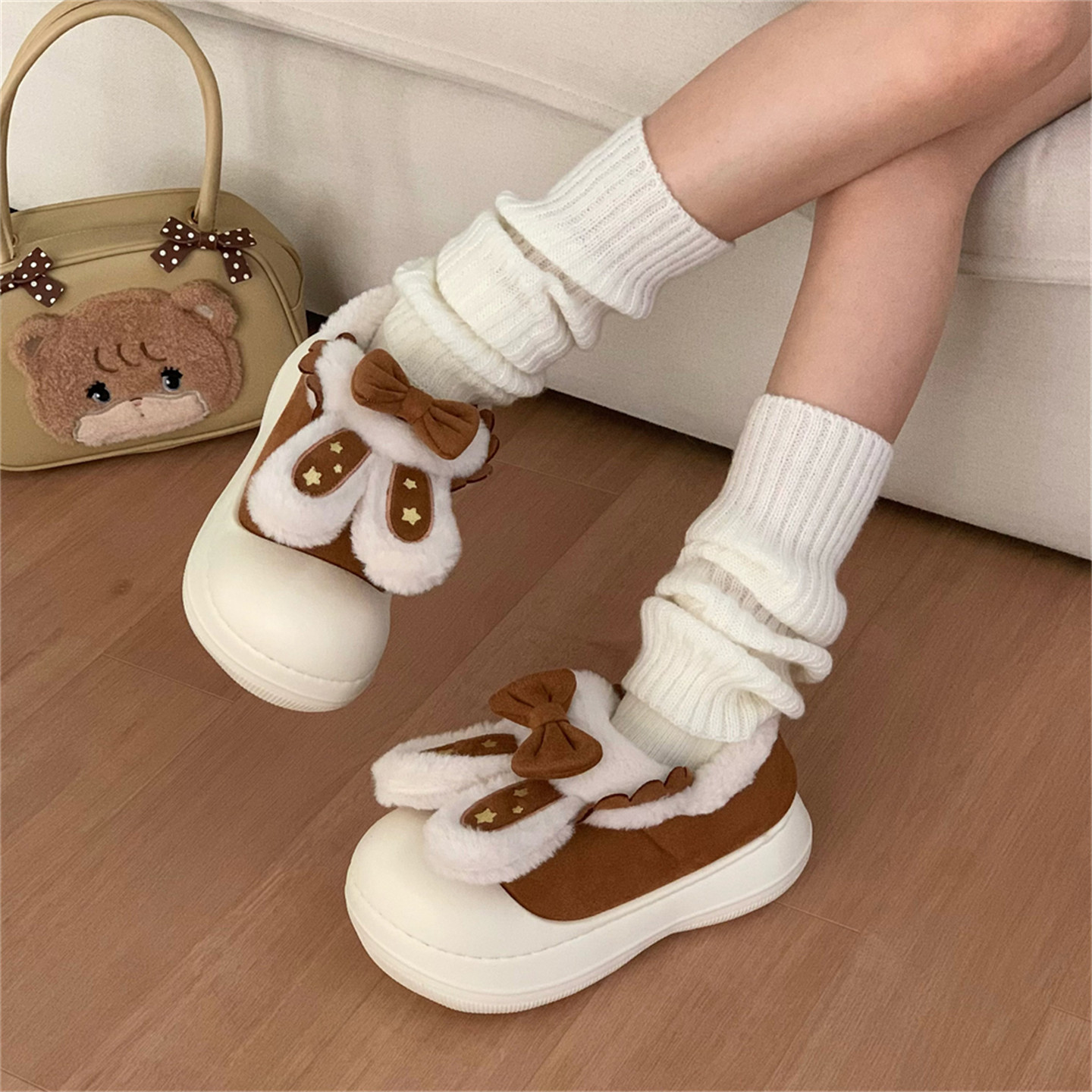 细细条 保暖外穿可爱兔耳朵lo棉鞋防滑冬季厚底少女心加绒面包鞋,淘宝优惠券,粉丝福利购,淘宝优惠卷