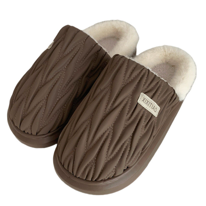 细细条 柔绒家居简约百搭男士棉拖鞋卧室复古褶皱pu皮包头棉鞋冬,淘宝优惠券,粉丝福利购,淘宝优惠卷