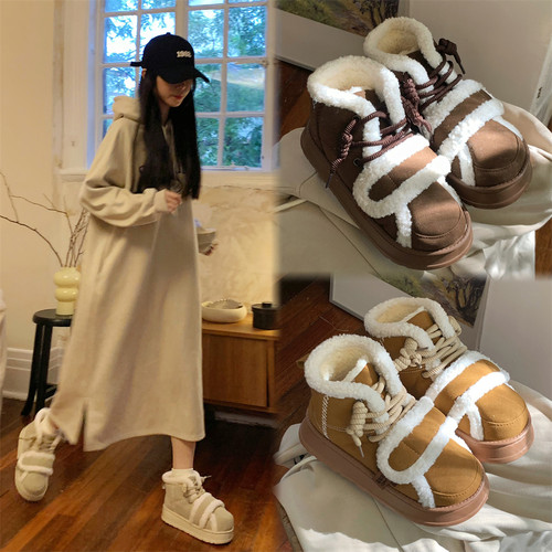 细细条 ins潮羔绒魔术贴雪地靴女加绒加厚时尚系带保暖东北棉鞋冬 - 图0