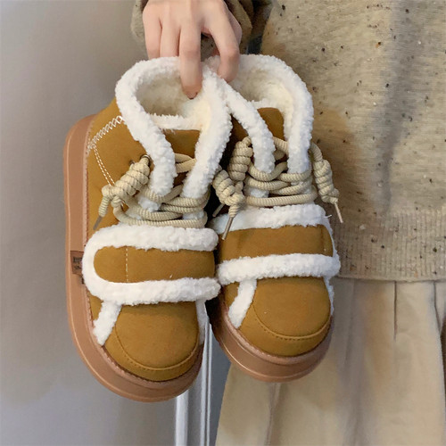 细细条 东北棉鞋加绒加厚时尚网红女冬季系带羔绒魔术贴短靴ins潮 - 图0