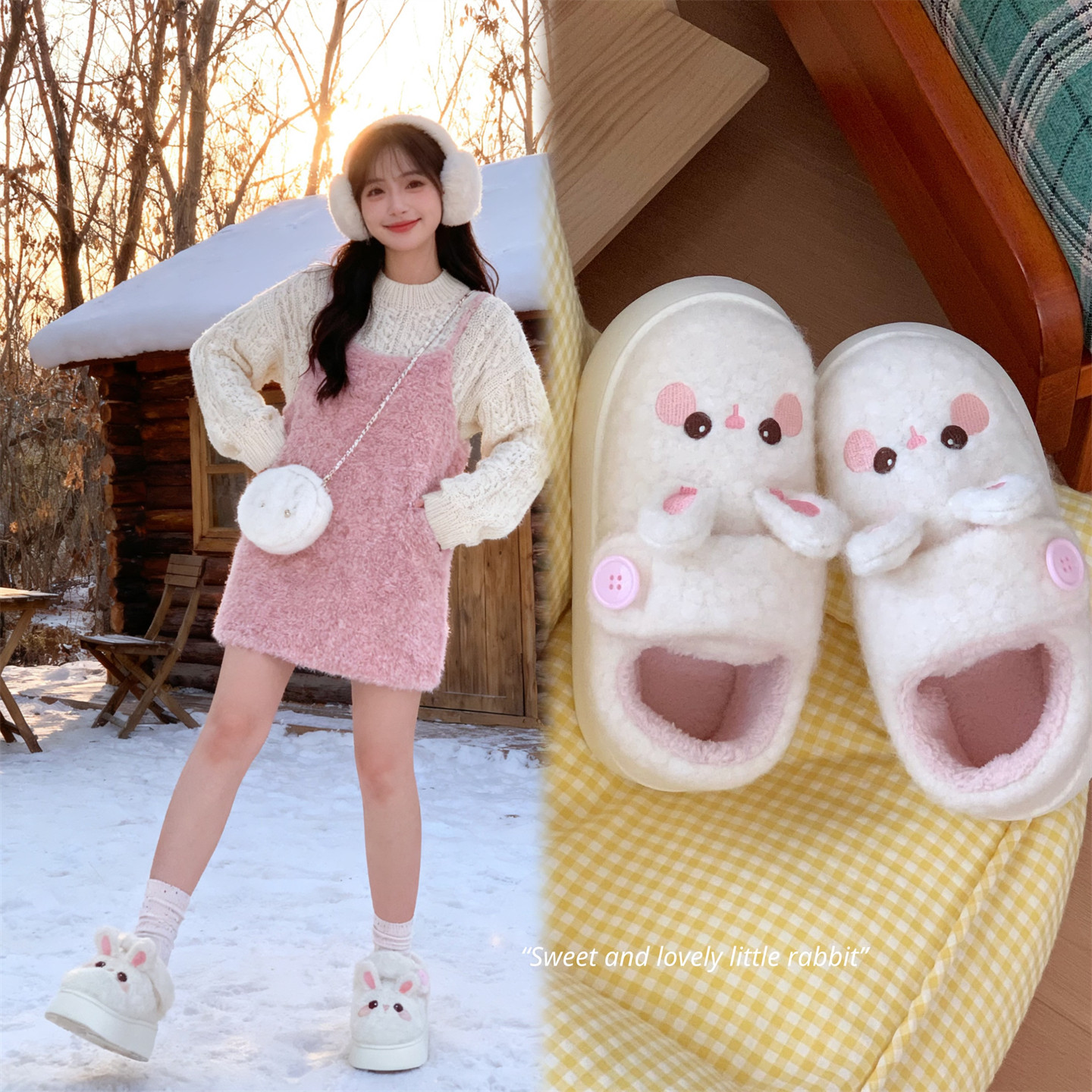 细细条 软萌可爱小兔子棉鞋外穿女防滑厚底冬少女加绒勃肯面包鞋,淘宝优惠券,粉丝福利购,淘宝优惠卷