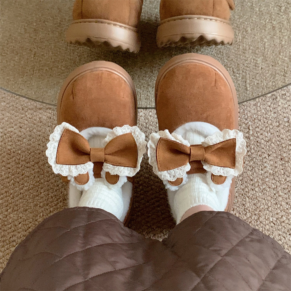 细细条 甜美花边蝴蝶结豆豆鞋网红玛丽珍鞋女冬季外穿魔术贴棉鞋,淘宝优惠券,粉丝福利购,淘宝优惠卷