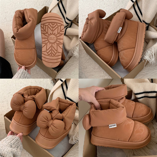 细细条 蝴蝶结雪地靴女冬季加绒保暖网红防水pu防滑厚底中筒棉靴 - 图2