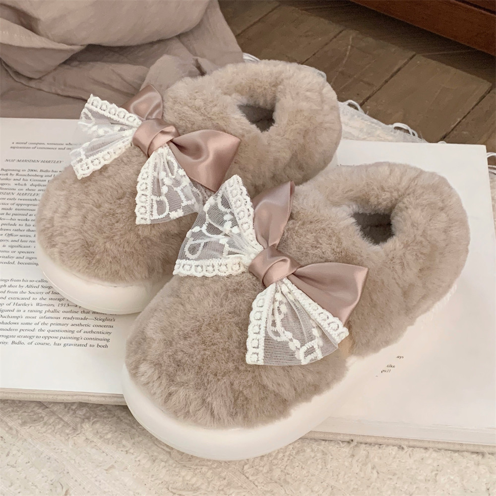 细细条 蕾丝蝴蝶结全包跟月子鞋女防滑居家冬季仙女风保暖棉拖鞋,淘宝优惠券,粉丝福利购,淘宝优惠卷