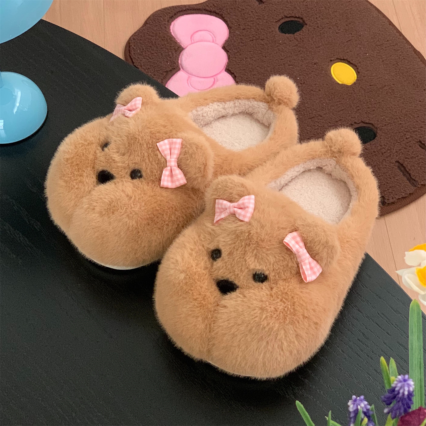 细细条 软萌女士居家毛毛鞋ins少女心蝴蝶结小胖熊防滑冬季棉拖鞋 - 图3