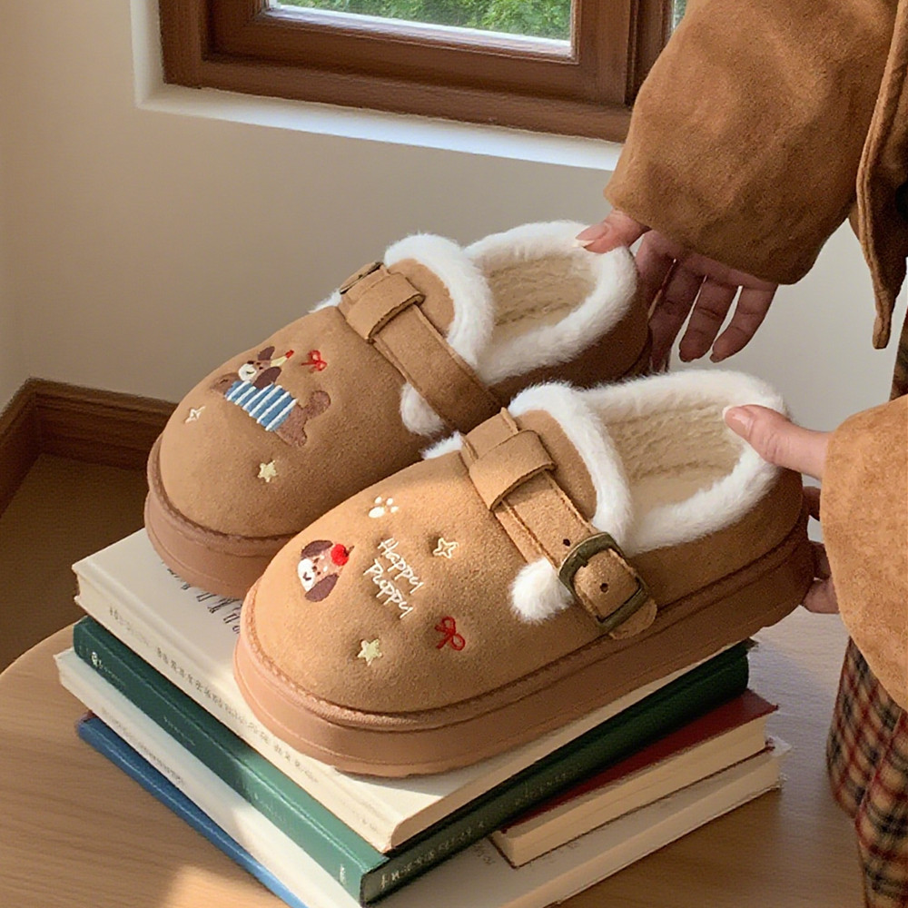 细细条 可爱刺绣小狗勃肯鞋女时尚保暖冬季外穿防滑厚底加绒棉鞋,淘宝优惠券,粉丝福利购,淘宝优惠卷
