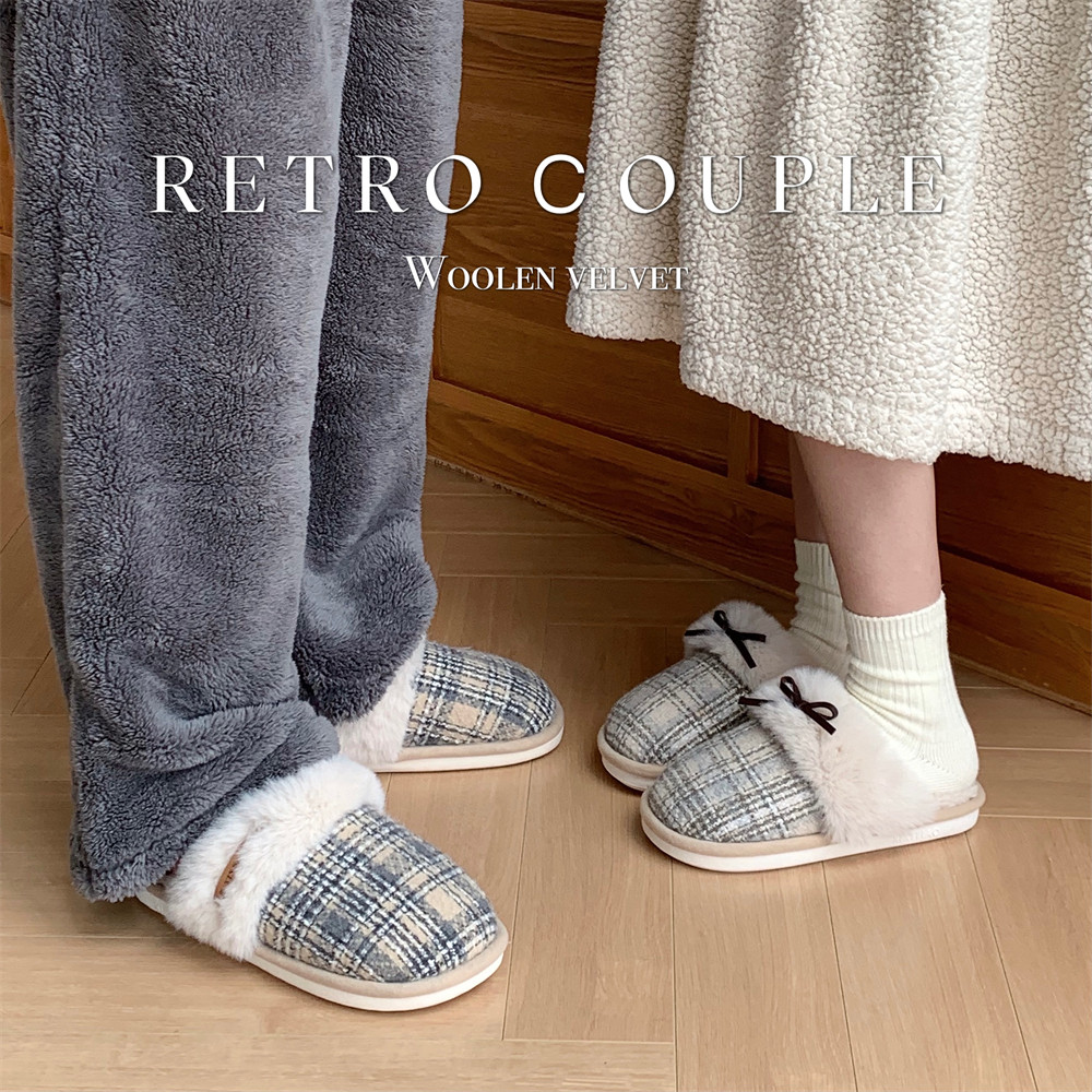 细细条 男士棉拖鞋ins潮时尚休闲防滑保暖包头冬季复古格子毛毛鞋,淘宝优惠券,粉丝福利购,淘宝优惠卷
