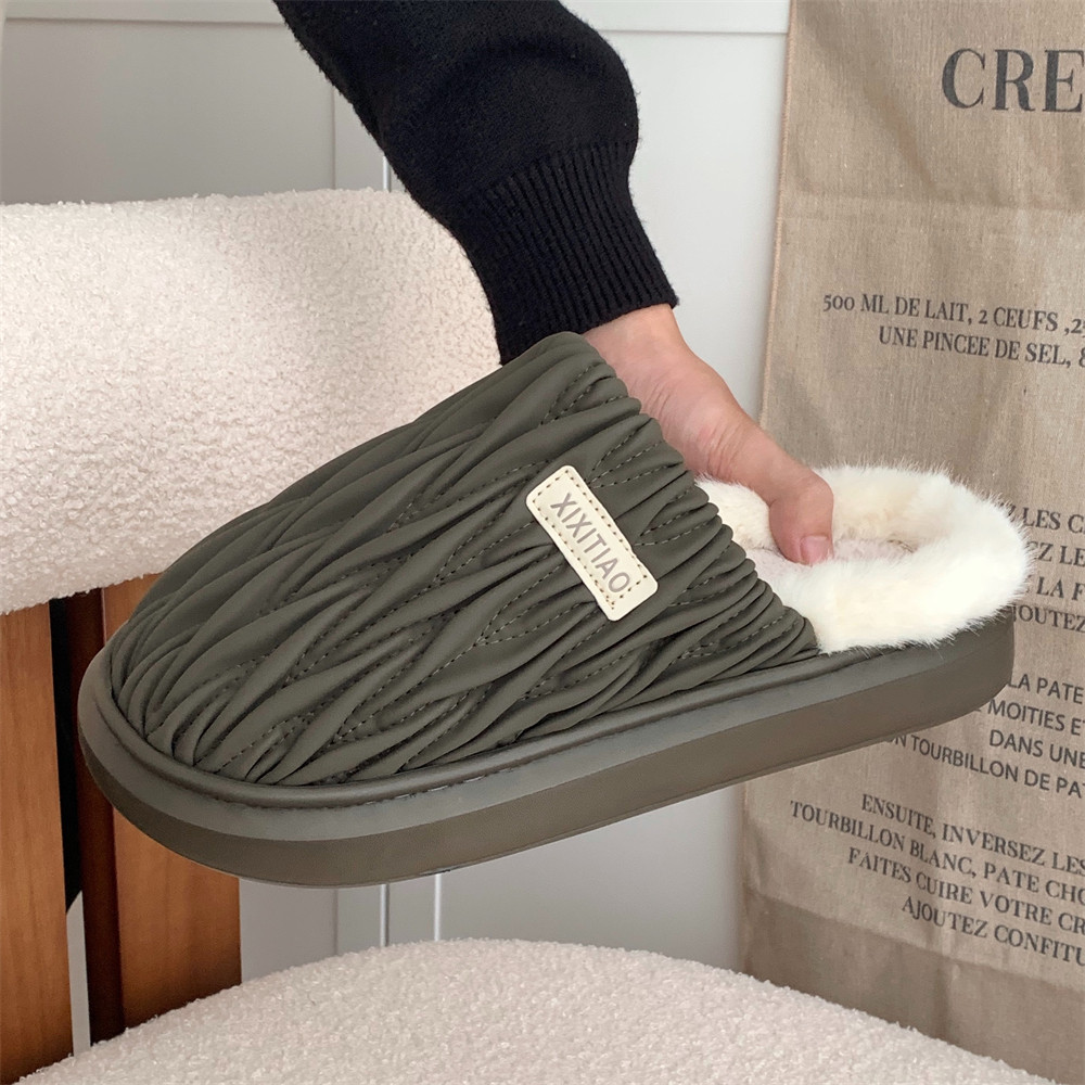 细细条 柔绒家居简约百搭男士棉拖鞋卧室复古褶皱pu皮包头棉鞋冬,淘宝优惠券,粉丝福利购,淘宝优惠卷