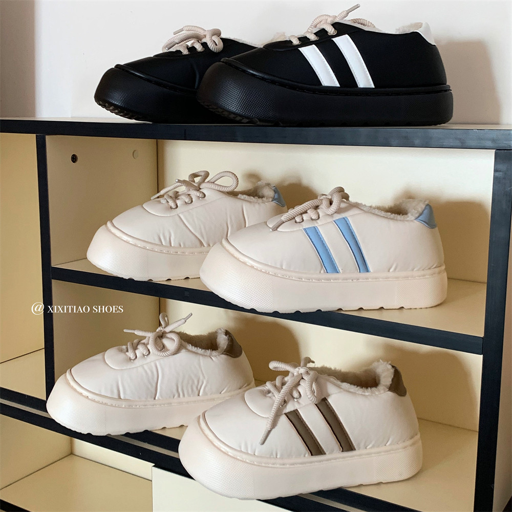 细细条 复古双杠小白鞋女冬季加绒加厚底保暖百搭休闲板鞋棉鞋ins,淘宝优惠券,粉丝福利购,淘宝优惠卷