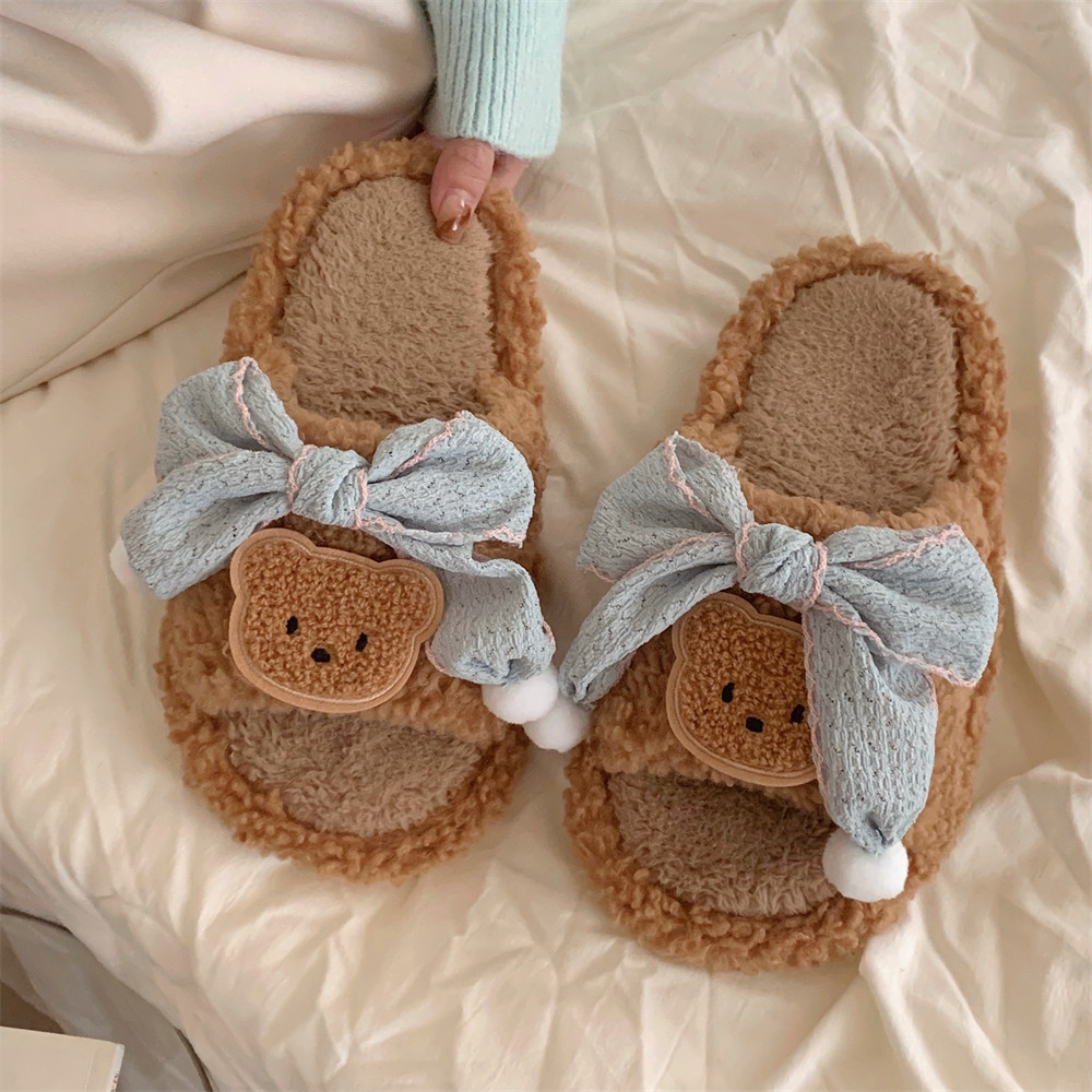 细细条 软萌小熊一字棉拖鞋学生休闲家居秋冬季蝴蝶结毛毛拖鞋女 - 图3