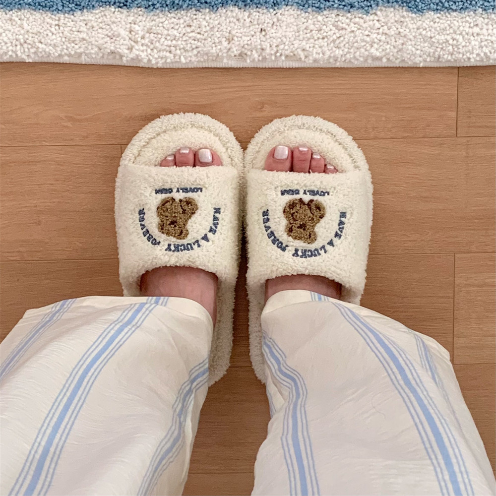 细细条 情侣韩式小熊毛毛拖鞋ins秋冬可爱家居一字月子棉拖鞋男女,淘宝优惠券,粉丝福利购,淘宝优惠卷