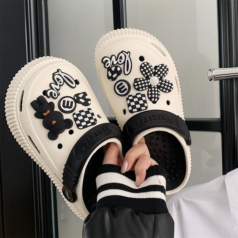 细细条 暗黑系小熊格子花朵洞洞鞋百搭两穿夏季厚底沙滩凉拖鞋女,淘宝优惠券,粉丝福利购,淘宝优惠卷