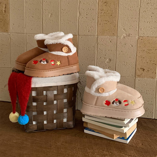 细细条 刺绣苹果小狗雪地靴女可爱外穿加绒加厚底短筒靴东北棉鞋 - 图3