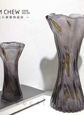 轻奢现代复古新中式意式玻璃花瓶样板间售楼处浅紫色敞口花器水培