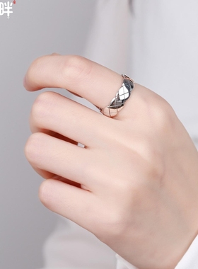 锦河畔 S925纯银戒指男潮流菱格纹戒开口学生男士个性简约ins风