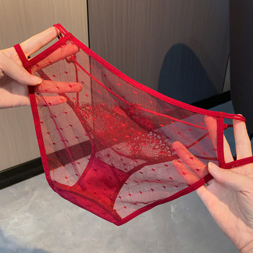 法式镂空红色内裤女士本命年喜庆性感2026新款高级纯欲网纱三角裤 - 图0