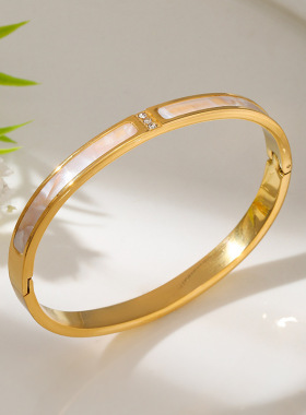 新款钛钢韩版气质三钻两贝手镯女真空电镀气质百搭高品质卡扣手环