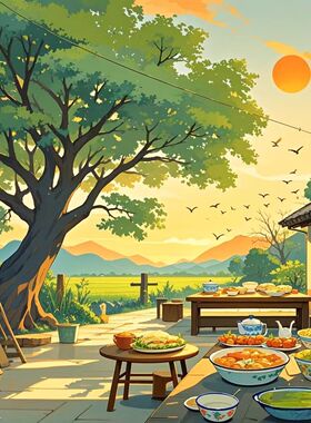 仿真老家的庭院插画香樟树的风景贴纸画室家居门窗餐厅不干胶贴纸