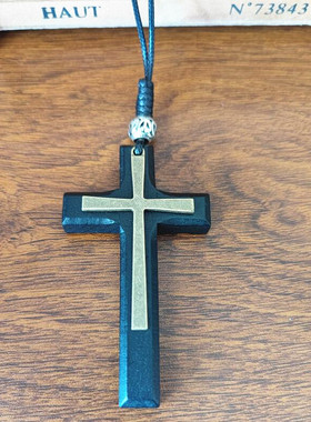 复古木质结实蜡绳十字架项链车挂