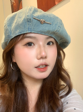 新款爱心锁扣辣妹风牛仔蓝色八角南瓜帽大头围休闲画家帽女贝雷帽