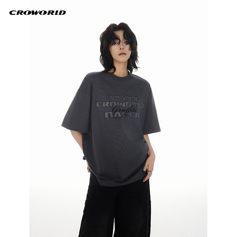 CROWORLD设计感金属线刺绣字母排列印花T恤男女同款宽松短袖上衣-图3