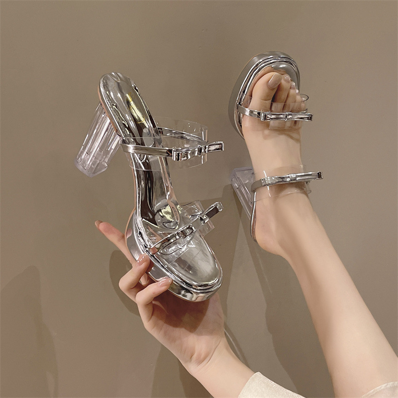 高跟鞋女2025年夏季新款蝴蝶结一字带水晶跟凉鞋圆头防水台拖鞋女 - 图2