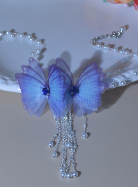 高级设计感小众双蝴蝶鱼线珍珠流苏项圈短款脖子唯美脖颈甜美项链