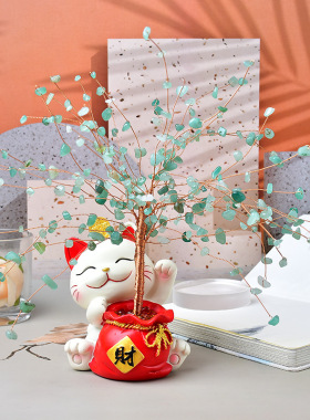 招财猫钱袋底座水晶发财树摆件生命树创意手工旺宅吉祥树黄水晶