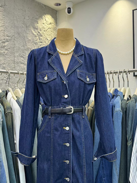 2024 Autumn Denim Dress Women's Spring Long Sleeve Suit Collar Single Breasted Long Skirt High-end Denim Shirt Dress