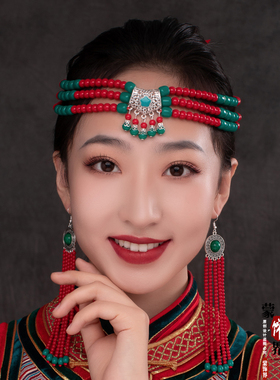 蒙古族舞蹈演出头饰女成人儿童可调节少数民族发饰发带串珠珠头饰