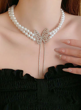 闪钻珍珠蝴蝶流苏项链女