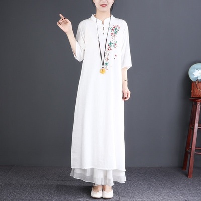 茶服女棉麻连衣裙两件套文艺复古禅意茶艺师服装春夏季中国风茶道-图1