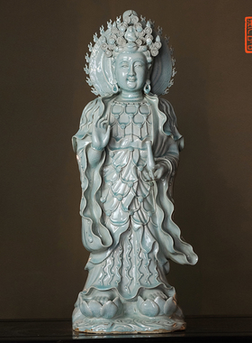 长窑重器 仿宋影青釉坐式观音像佛像 景德镇手工中式家用佛像摆件
