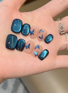 【蓝色妖姬】手工穿戴甲显白纯欲猫眼渐变腮红光疗美甲四季流行
