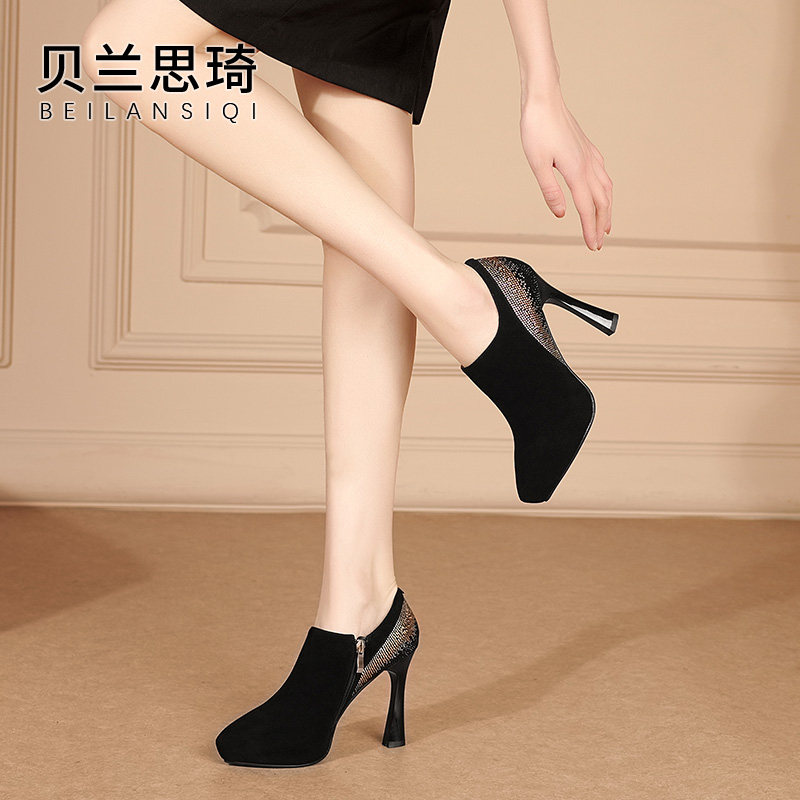 磨砂真皮水钻尖头深口细跟单鞋春季新款33小码女防水台高跟鞋,淘宝优惠券,粉丝福利购,淘宝优惠卷