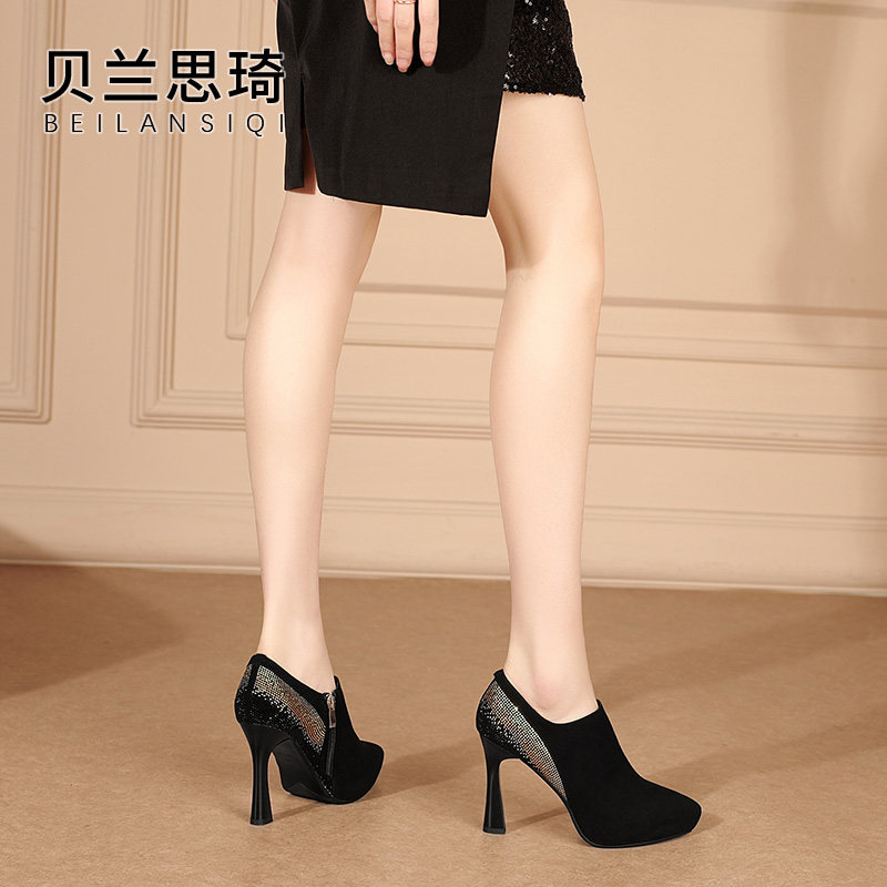 磨砂真皮水钻尖头深口细跟单鞋春季新款33小码女防水台高跟鞋,淘宝优惠券,粉丝福利购,淘宝优惠卷