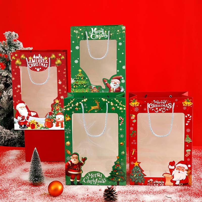 圣诞节礼品袋橱窗手提袋新款开窗透明纸袋平安夜苹果包装袋礼物袋,淘宝优惠券,粉丝福利购,淘宝优惠卷