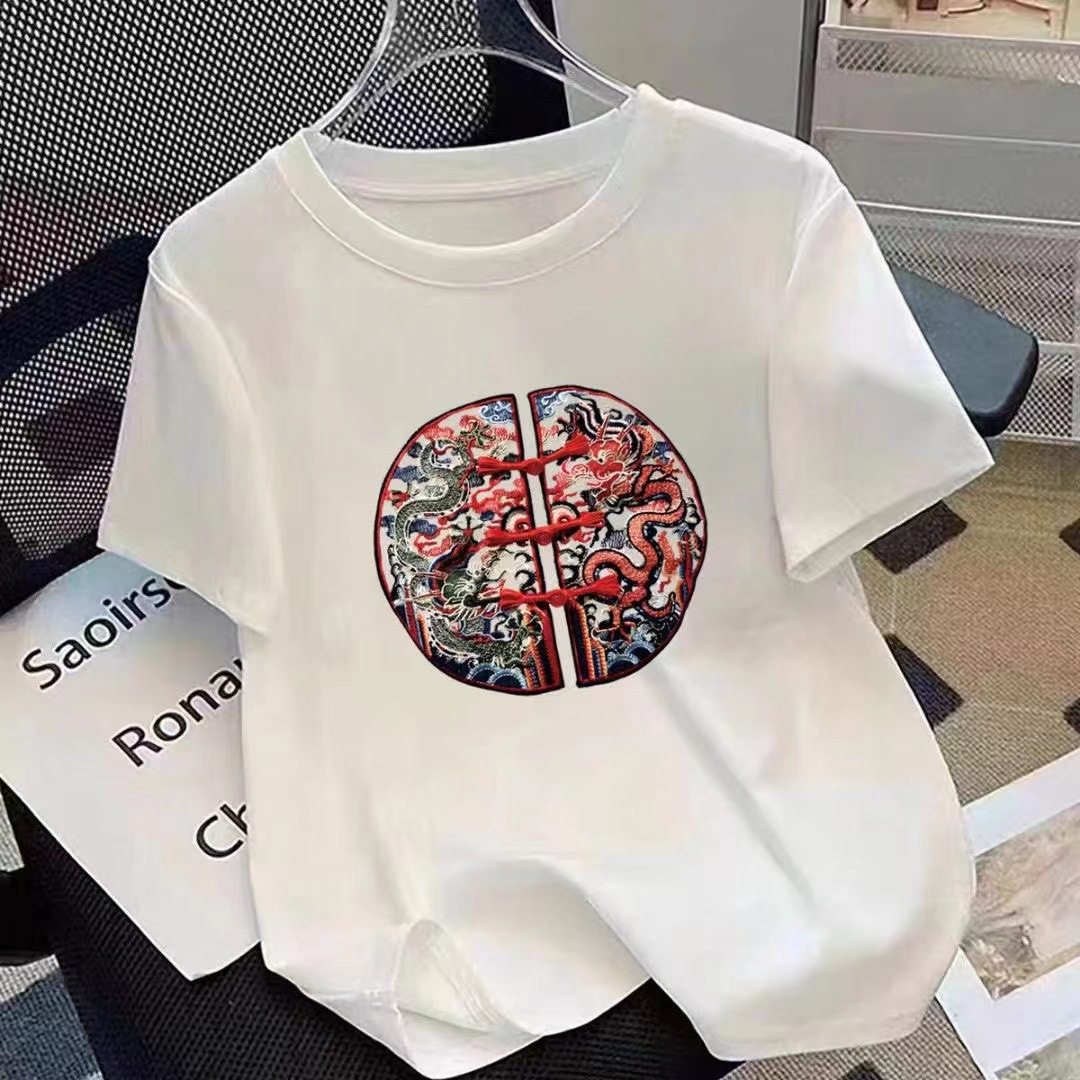 新中式国风长款短袖t恤女纯棉大码新款夏季半袖上衣女装体恤包臀