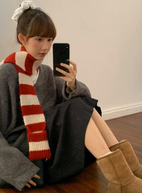设计感韩系圣诞红白条纹撞色羊毛红色针织口袋围巾女冬保暖围脖