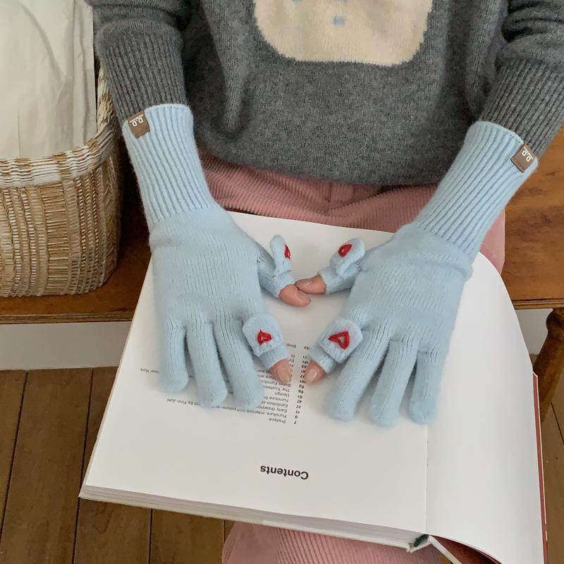 爱心指尖翻盖可触屏手套冬季女可爱毛线手套保暖骑行防风韩系手套,淘宝优惠券,粉丝福利购,淘宝优惠卷