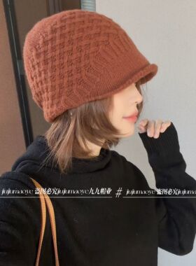 高品质羊毛针织毛线帽女秋冬保暖显脸小麻花纹理护耳时尚洋气盆帽