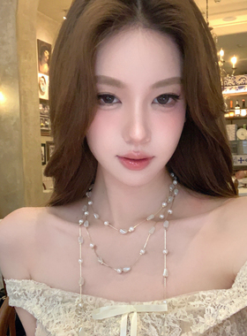 淡颜美女感长款满天星珍珠项链