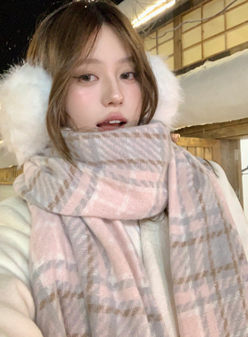 樱眠半雪氛围感蓝色千鸟格围巾