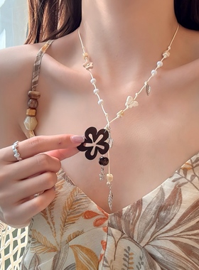 仲夏信笺木质长款花朵串珠项链