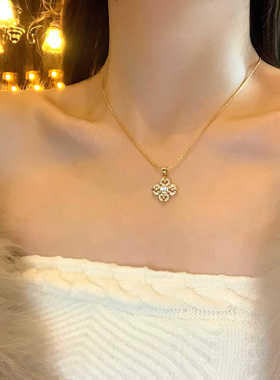 香槟恋人金色闪锆四叶草项链