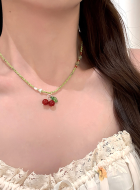 油画樱桃红玛瑙串珠手工项链女